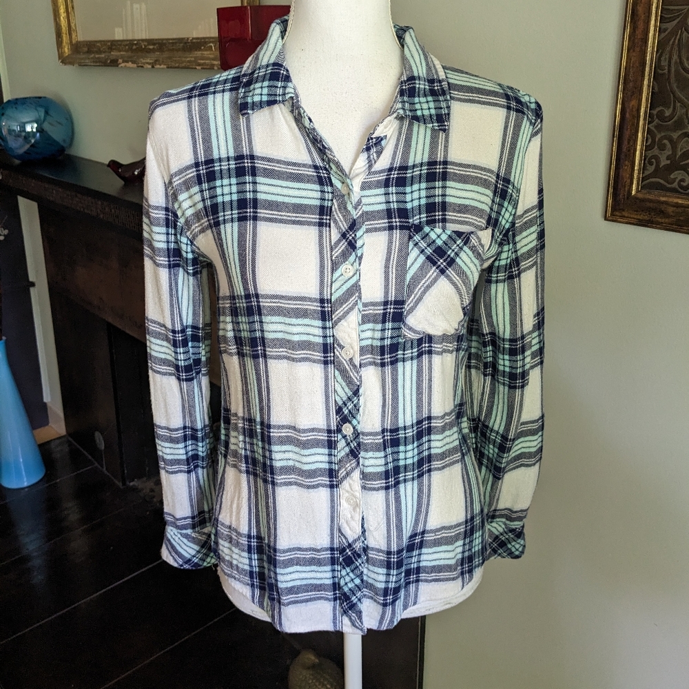 Rails Women's XS Flannel Button Up Top Mint Blue White Long Sleeve 132
